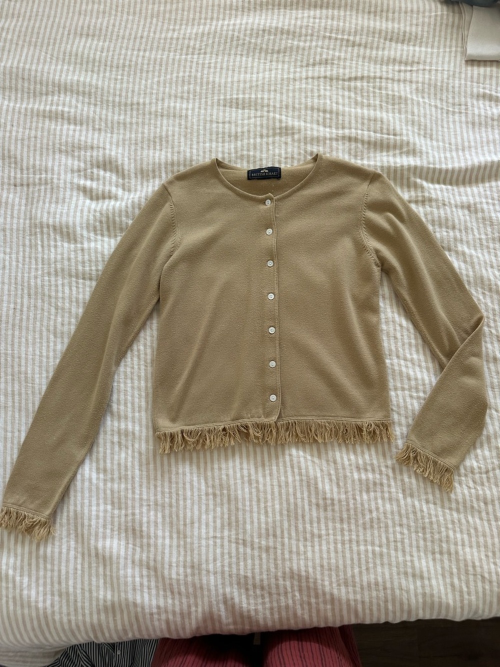 British Khaki Beige Fringe-Hem Crewneck Cardigan